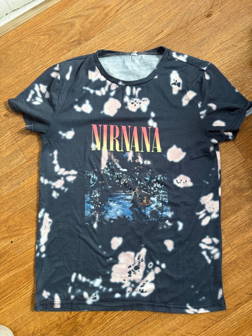 Vintage look NIRVANA Black Tee with Pale Pink Bleach and Multicolor Logo